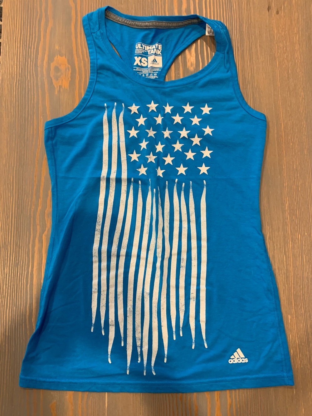 Adidas Blue Racerback Tank with White Flag Print